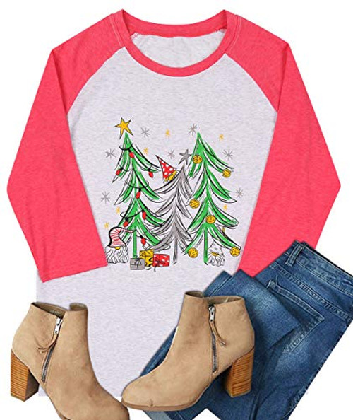 Merry Christmas Shirts Women Funny Tree Tshirt Graphic Tee Long Sleeve Baseball Cute Top