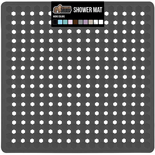 GORILLA GRIP Original Patented Shower Stall Mat Bath Tub Mats 21x21 Machine Washable Antibacterial BPA Latex Phthalate Free Square Bathroom Mats With Drain Holes Suction Cups Charcoal Opaque