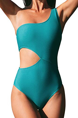 CUPSHE Women s Cutout One Shoulder One Piece Swimsuit Bathing Suit S Green