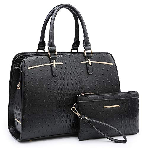 Dasein Women Satchel Handbag Shoulder Purse Top Handle Work Bag Tote Bag With Matching Wallet Black Ostrich