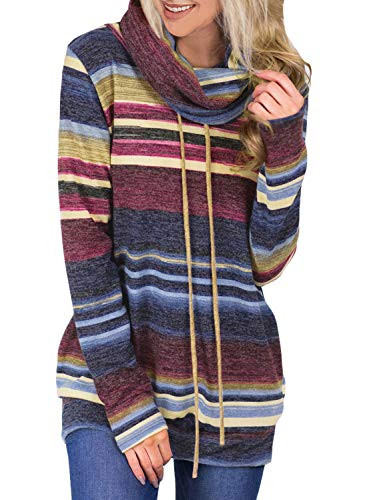 Womens Long Sleeve Cowl Neck Striped Loose Tunic Pullover Sweatshirt Casual Drawstring Blouse Tops with Pockets Blue Plus Size XL 16 18
