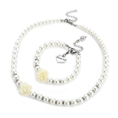 Gifts for Kids Bracelets Necklace  Flower Girl Gifts White Faux Pearl Bead Flower Charm Flower Girls Charm Bracelets Necklace for Flower Girls Kids Child Teens Jewelry Charm Bracelet Necklace Set