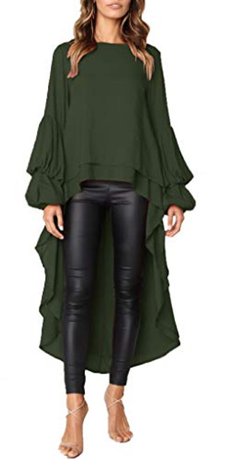 PRETTYGARDEN Women s Lantern Long Sleeve Round Neck High Low Asymmetrical Irregular Hem Casual Tops Blouse Shirt Dress Army Green Large