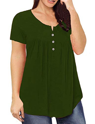 DIOLOCA Women s Tops Plus Size Henley Shirts V Neck Button Up Blouses Ruffle Pleated Tunics Short Sleeve TopsGreen 4X