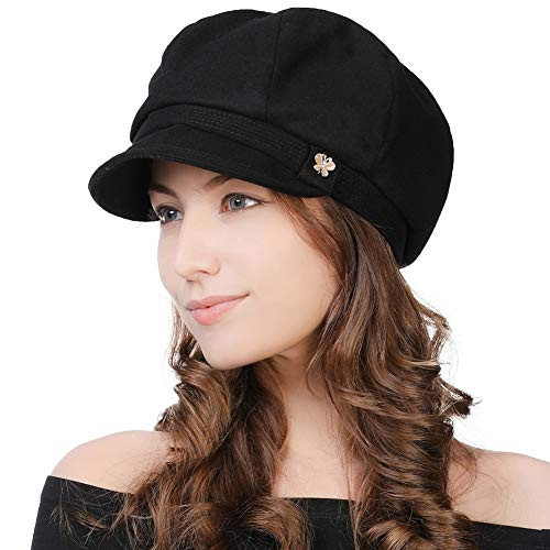 Fancet Womens Winter Visor Beret Newsboy Cap Paperboy Cabbie Painter Conductor Hat Black