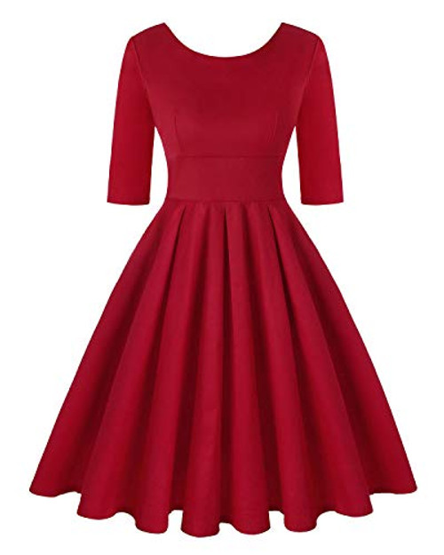 MINTLIMIT Women 1950s Retro Rockabilly Prom Pleated Red Vintage Dress with Sleeves Solid RedSize L MINTLIMIT Women 1950s Retro Rockabilly Prom Pleated Red Vintage Dress with Sleeves Solid RedSize L