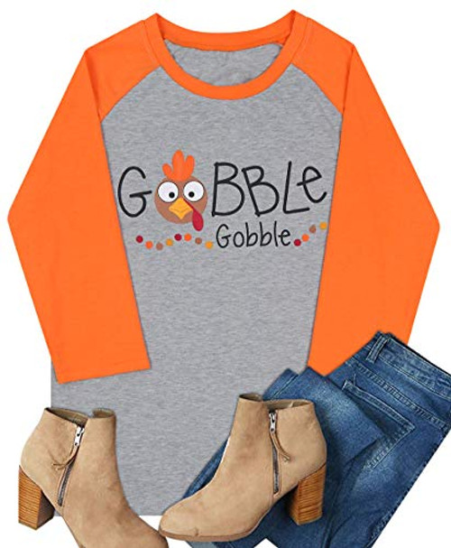 KIDDAD Gobble Gobble Baseball TShirt Women Thanksgiving Turkey Print 3/4 Sleeve Raglan Tops Tees Size L Gray