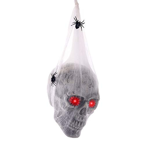 Halloween Haunters Hanging LifeSize Human Skull Inside Cocoon Spider Web Prop Decoration  Flashing Evil Red LED Eyes LightUp  Spooky Human Skeleton Head  Haunted House Entryway Party Display