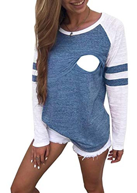 CzzzyL Plus Size Nursing Tops and Blouses Womens Long Sleeve Baseball Style Maternity Breastfeeding Shirts for WorkBlueXLarge