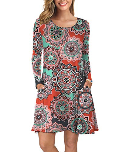 KORSIS Women Long Sleeve Tops TShirt Dress Round Neck Casual Loose Dress Round Flower Orange L