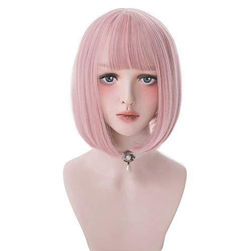 aiyaya Short Bob Wig Bangs Bob Synthetic Wig For Women Cosplay Costume Natural Hair Lolita Wig with Wig Cap Pink aiyaya Short Bob Wig Bangs Bob Synthetic Wig For Women Cosplay Costume Natural Hair Lolita Wig with Wig Cap Pink