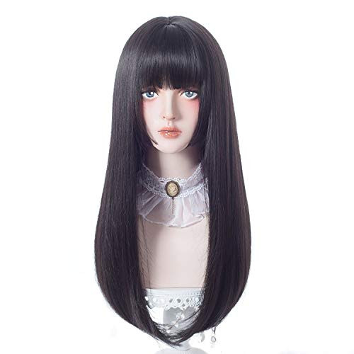 aiyaya Lolita Cosplay Wig with Bangs  Straight Synthetic Wig For Women Cosplay Costume Natural Hair Lolita Wig with Wig Cap Black long wig