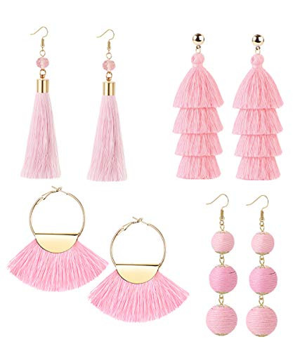 LOYALLOOK 4Pairs Tassel Earrings For Women Fan Shape Tassel Earrings Long Thread Tassel Earrings Bohemian Fringe Drop Handmade Earrings D Pink Tassel Earrings