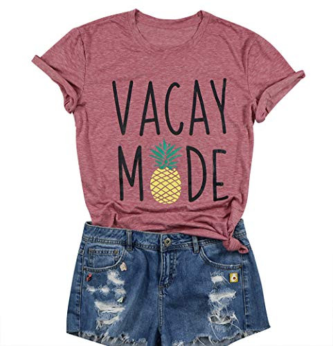 Vacay Mode Shirt Women Cute Pineapple Graphic Tees Tops Short Sleeve Funny Letter Print T Shirt Size S Red