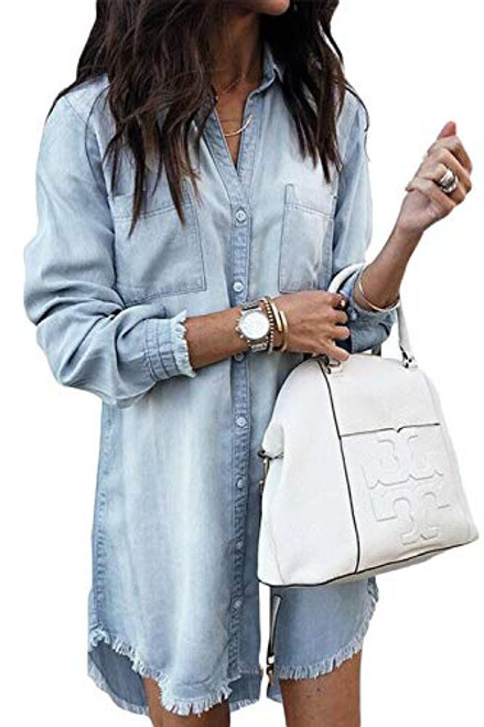 Women Denim Shirt Dresses Long Sleeve Distressed Jean Dress Button Down Casual Tunic Top Lightblue S