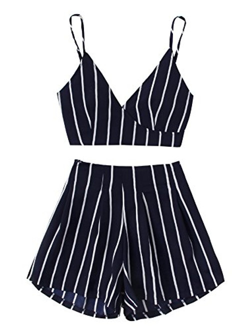MakeMeChic Women s 2 Piece Outfit Summer Striped V Neck Crop Cami Top with Shorts A Navy M