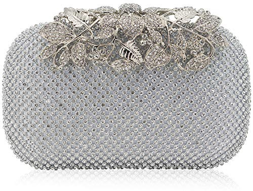 Dexmay Luxury Flower Women Clutch Purse Rhinestone Crystal Evening Bag for Wedding Party Silver