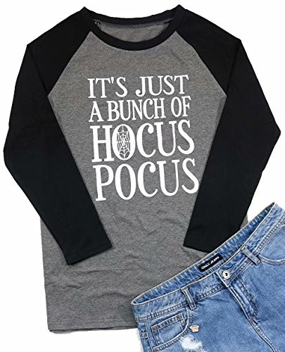It s Just A Bunch of Hocus Pocus T Shirt Women Halloween 3/4 Sleeve Raglan Baseball Fall Tee Tops Gray