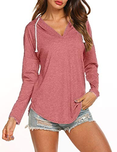 OURS Women s Long Sleeve VNeck Shirts Loose Casual Tee TShirt Plain Long Tops Watermelon Red L