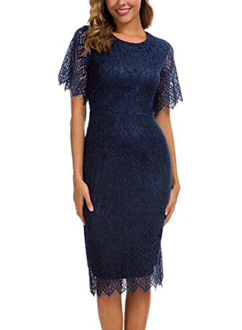 MSLG Bodycon Pencil Floral Lace Dress for Women Spring Special Occasions Little Cocktail Party Outdoor Semi Wedding Guest Dress 931 S Navy Blue