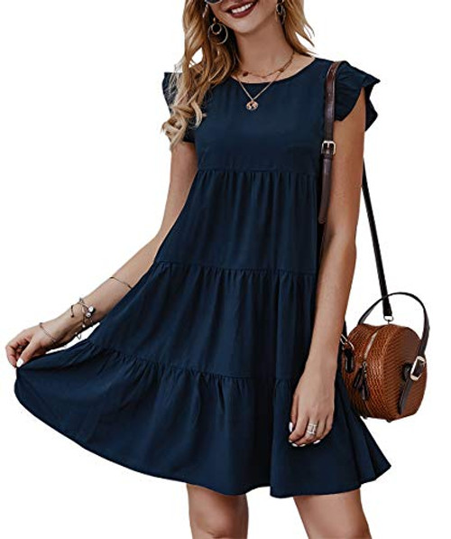 KIRUNDO Women s Summer Mini Dress Sleeveless Ruffle Sleeve Round Neck Solid Color Loose Fit Short Flowy Pleated Dress Large Navy KIRUNDO Women s Summer Mini Dress Sleeveless Ruffle Sleeve Round Neck Solid Color Loose Fit Short Flowy Pleated Dress Large Navy