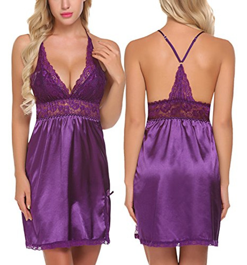 ADOME Women Lingerie Lace Babydoll Chemises V Neck Nightwear Satin Sleepwear Slips Purple S ADOME Women Lingerie Lace Babydoll Chemises V Neck Nightwear Satin Sleepwear Slips Purple S