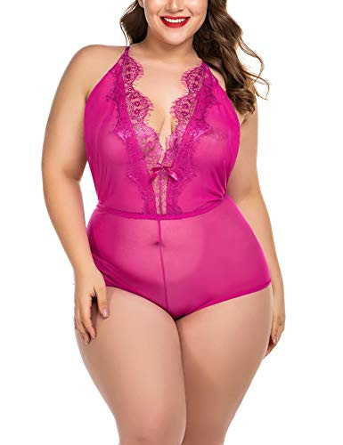 Avidlove Women Teddy Lingerie One Piece Lace Mesh Babydoll Mini Bodysuit Rose Red S