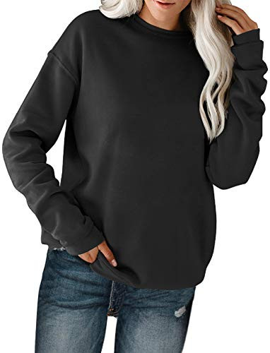 Hilltichu Women s Fall Long Sleeve Pullover Shirt Casual Round Neck Loose Tunic Tops Black