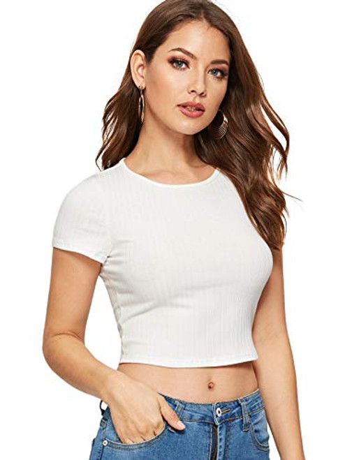 SweatyRocks Women s Basic Short Sleeve Scoop Neck Crop Top Knit White Small