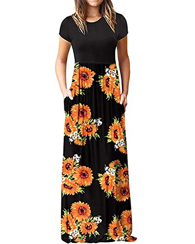Kidsform Women s Loose Maxi Dress Short Sleeve Casual Kaftan Party Long Dresses Plain Solid with Pockets Sunflower L