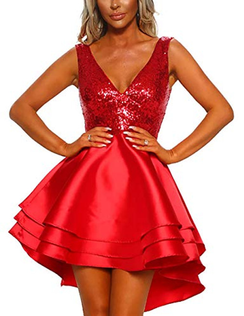 Lrady Women s Sequin Glitter V Neck Skater Mini Club Cocktail Party Swing Dress Red Medium