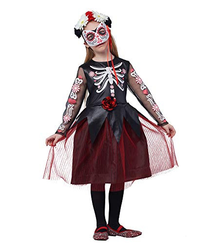 Girls Halloween Skeleton Costume Day of The Dead Daisy Skull Fancy Dress 3PCS 34T