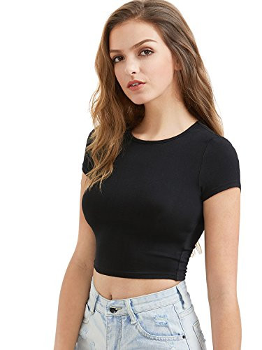SweatyRocks Women s Basic Short Sleeve Scoop Neck Crop Top Black XLarge