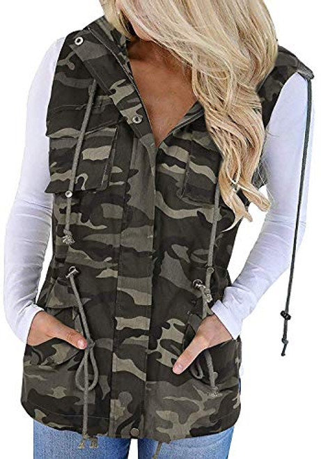 Soulomelody Womens Military Anorak Sleeveless Vest Safari Utility Drawstring Lightweight Hoodies Jacket with Pockets Camo