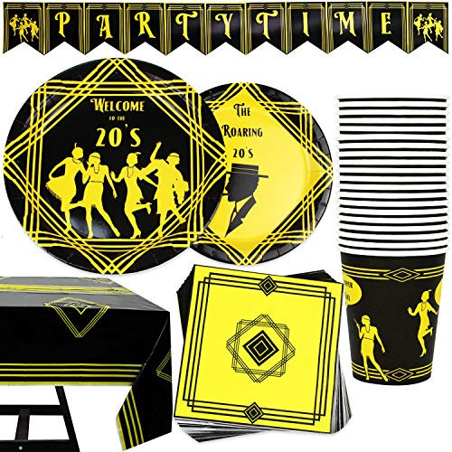 82 Piece 1920 s Theme Party Supplies Set Including Plates Cups Napkins Tablecloth and Banner Serves 20