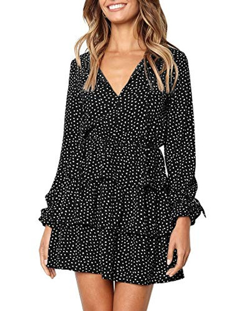 Pengfei Womens V Neck Polka Dot Dresses Ruffle Long Sleeve Casual Loose Fit Mini Dress Black