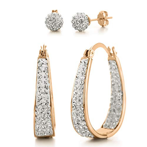 Devin Rose Oval Inside Outside Hoop and Ball Stud Earrings for Women made With Swarovski Crystals in Rose Gold Plated Brass Pink Set