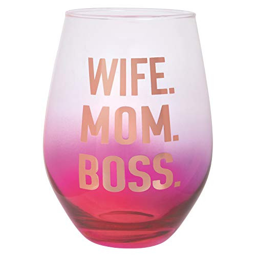 Slant Wife. Mom. Boss. Stemless Wine Glass in Pink and Gold 30 oz.