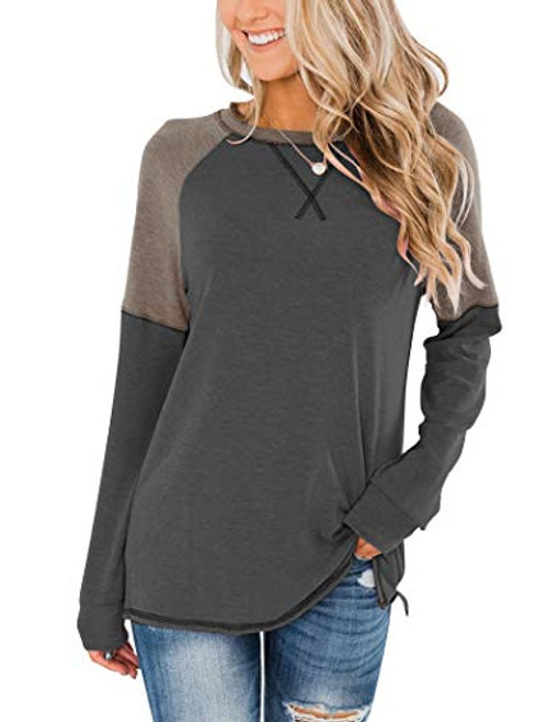 Bingerlily Women s Casual Long Sleeve Tunic Tops Crew Neck Color Block Blouses Charcoal