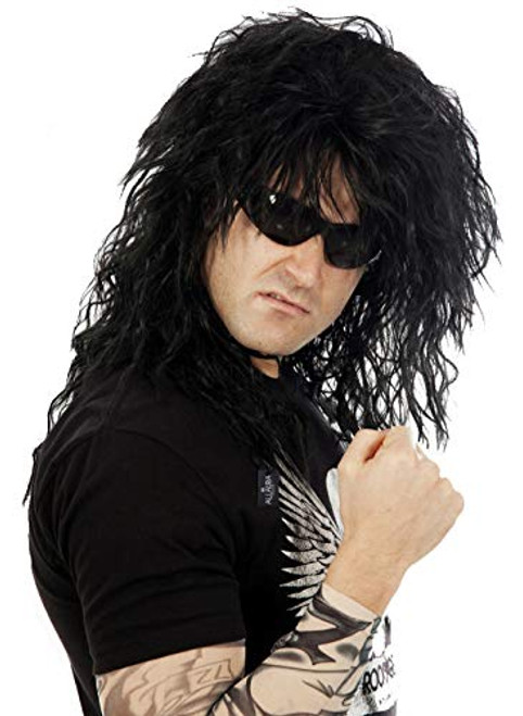80s Rocker Wig Black Mullet Rockstar Wigs Men Costume Heavy Metal Big Hair Band