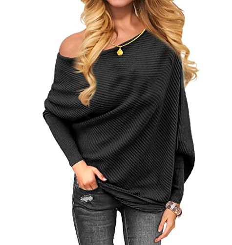 VOIANLIMO Women s Off Shoulder Knit Jumper Long Sleeve Pullover Baggy Solid Sweater Black L