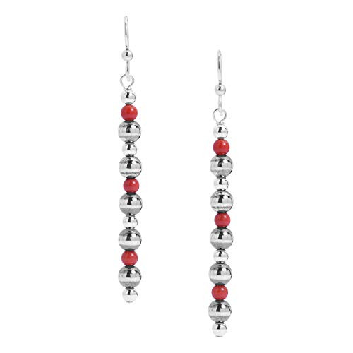 American West Sterling Silver Red Coral Gemstone Linear Dangle Earrings