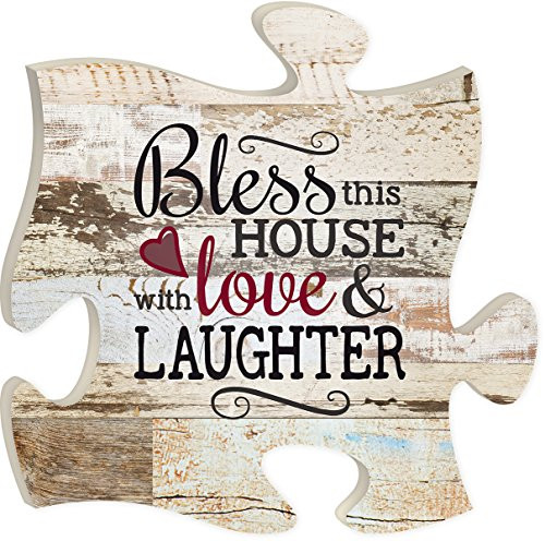 P Graham Dunn Bless This House with Love & Laughter Distressed 12 x 12 Wood Wall Art Puzzle Piece Plaque