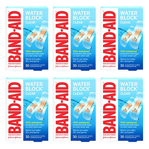 BandAid Brand Water Block Clear Waterproof Sterile Adhesive Bandages for FirstAid Wound Care of Minor Cuts and Scrapes Assorted Sizes 30 ct Pack of 6 BandAid Brand Water Block Clear Waterproof Sterile Adhesive Bandages for FirstAid Wound Care of Minor Cuts and Scrapes Assorted Sizes 30 ct Pack of 6