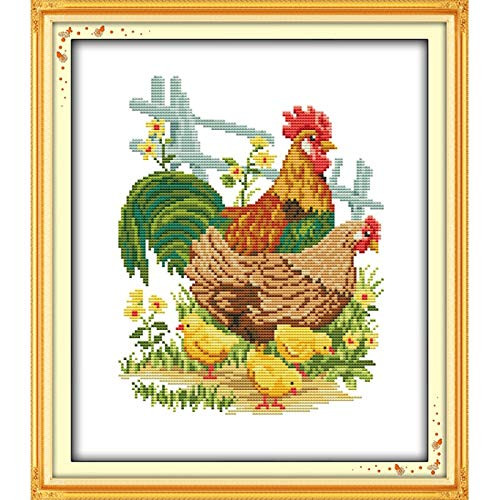 Joyautum Chicken Family Animal Counted Cross Stitch kit 14ct 11ct Printed Fabric Embroidery DIY Needlework 14ct Blank Fabric