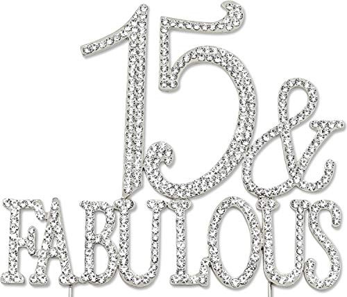 15 and Fabulous  15th Birthday Quinceanera Cake Topper Crystal Rhinestone Silver