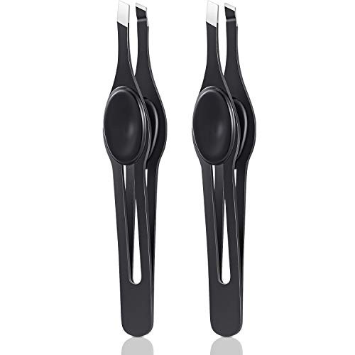 2 Pieces Wide NonSlip Grip Slant Tip Tweezers Stainless Steel Slant Tweezer Precision Tip Hair Clip Tweezer for Ingrown Hair Black