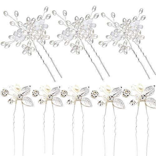 AINCRSO 3 PCS Flower Hair Pins 5 PCS Silvers Leaf Hair Pins Bridal Hair Pins Flower Crystal Wedding Hair Clips Hair Accessories