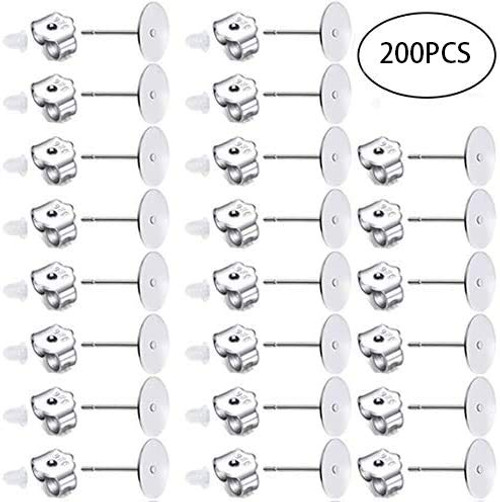 200 PCS 8mm Plated 925 Sterling Silver Earrings Posts Flat Pad Hypoallergenic Flat Pad Earring Studs with 925 Sterling Silver Earring Backs and Rubber Earring Backs for Jewelry Making Findings