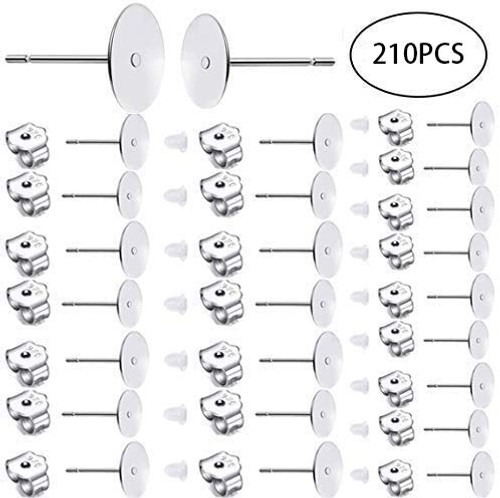 210 PCS 5mm 8mm Plated 925 Sterling Silver Earrings Posts Flat Pad Hypoallergenic Flat Pad Earring Studs with 925 Sterling Silver Earring Backs and Rubber Earring Backs for Jewelry Making Findings